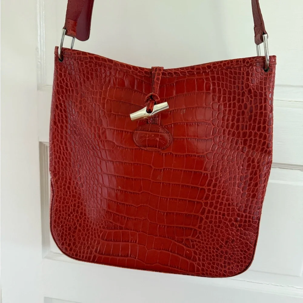 Longchamp Le Roseau Red Crocodile-Embossed Shoulder Bag - Picture 1 of 5